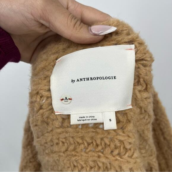 ANTHROPOLOGIE Rae Cropped Cardigan Tan Chunky Knit Sweater Oversized Size Small - Picture 10 of 11